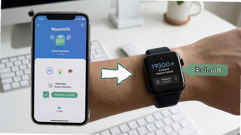 WearinOS 新手连接操作步骤示意图,手机屏幕展示配对流程,手表佩戴在手腕上,界面清晰标注权限设置位置,背景为简洁桌面环境,突出操作引导