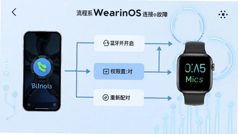 WearinOS 连接故障排查流程图,手机与手表连接示意图,标注蓝牙开启、权限设置、重新配对等步骤,界面简洁清晰,背景为浅蓝色科技风格