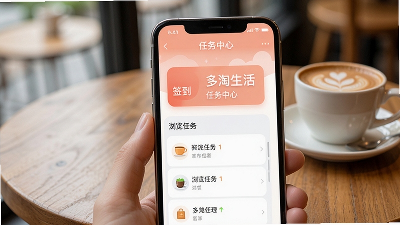 多淘生活APP任务中心页面,手机屏幕展示签到与浏览任务列表,界面配色柔和,背景为咖啡厅桌面场景