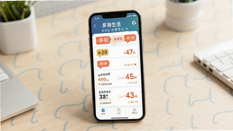 多淘生活APP优惠专区界面,手机屏幕展示折扣标签与价格对比列表,背景为简洁的浅色办公桌面,风格商务清新