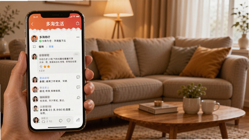 多淘生活APP互动社区页面,手机屏幕展示用户动态与评论区,背景为暖色调的客厅沙发场景,氛围温馨