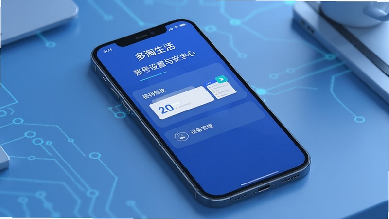 多淘生活APP账号设置与安全中心界面,手机屏幕展示密码修改与设备管理选项,背景为简洁的科技蓝桌面