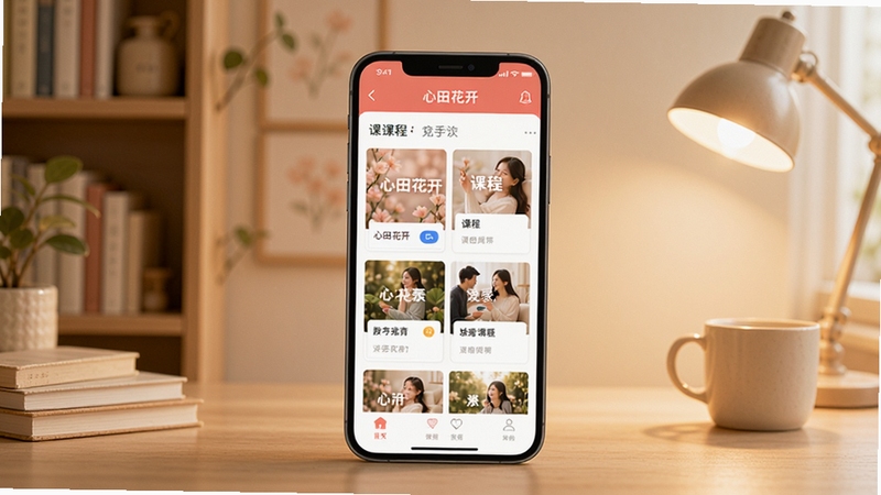 心田花开软件主界面展示,画面中央为手机屏幕显示心田花开app首页课程列表,背景为温馨的书房场景,柔和暖色调,简洁现代风格,突出教育学习氛围