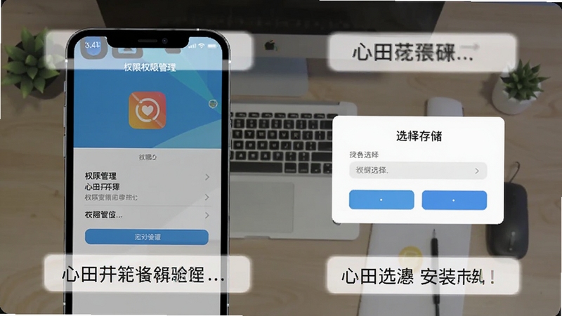 心田花开app安装设置界面,画面展示手机权限管理页面与存储选择弹窗,背景为简洁桌面,标注清晰的操作指引,风格扁平化