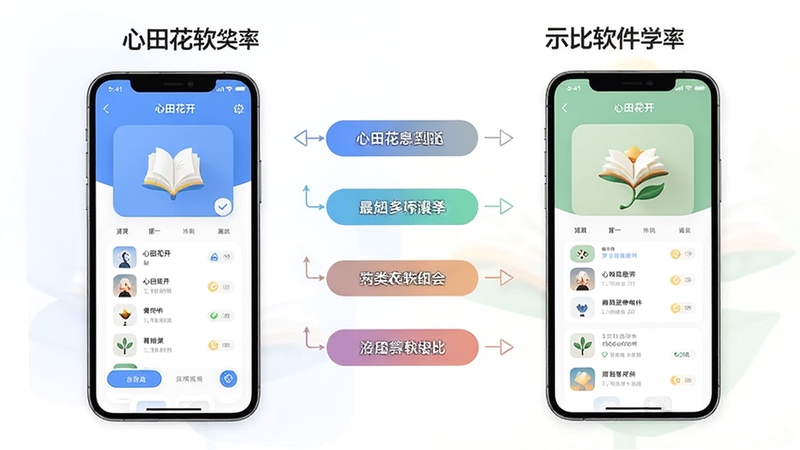 心田花开与同类软件对比示意图,画面左右分屏展示两款学习app界面,中间为对比标注,背景干净整洁,风格商务简约