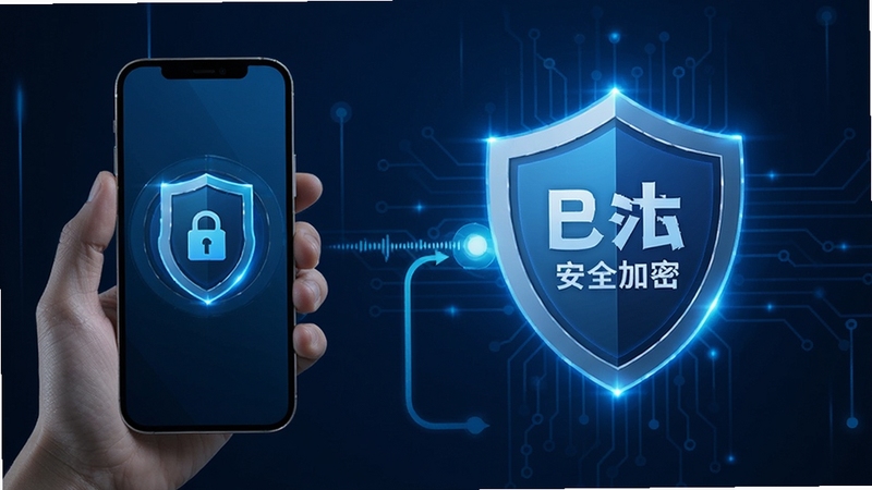 巴法 安全加密 盾牌图标 手机与智能设备连接 科技蓝色调