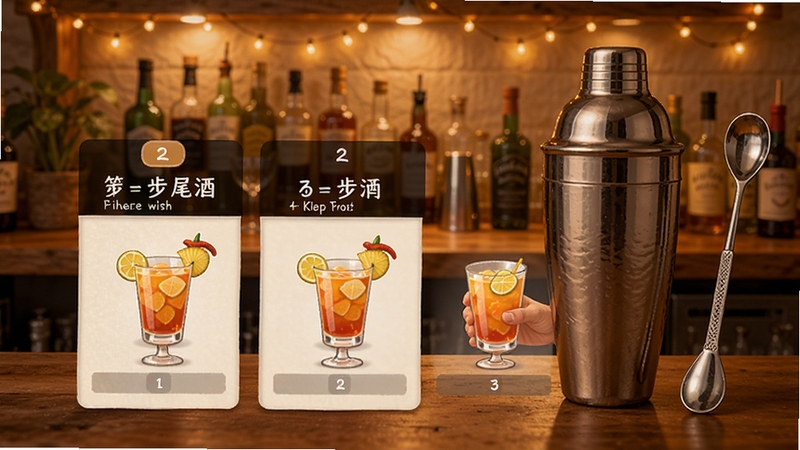 JO鸡尾酒分步教程界面,手机屏幕显示第一步第二步等步骤条与鸡尾酒制作过程插图,旁边有摇酒壶和吧勺,背景是暖色灯光下的家庭吧台,画面温馨实用,突出分步指引功能。