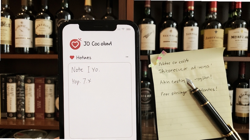 JO鸡尾酒收藏笔记界面,手机屏幕显示心形收藏图标和笔记输入框,旁边有便签纸和笔,背景是书架与酒瓶装饰,画面文艺清新,突出个人收藏与笔记功能。