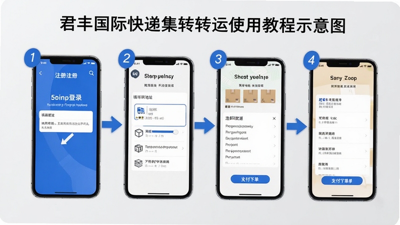 君丰国际快递集运转运使用教程示意图,画面主体为手机屏幕分步骤展示注册登录、填写地址、选择渠道、支付下单四个界面,每个步骤有阿拉伯数字标注和箭头引导,背景为浅灰色简洁风格,适合新手教学