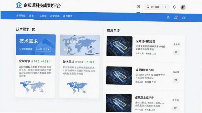 企知道科技成果对接平台页面,展示技术需求卡片与成果列表,界面清晰,配色以白色和蓝色为主,适合商务场景