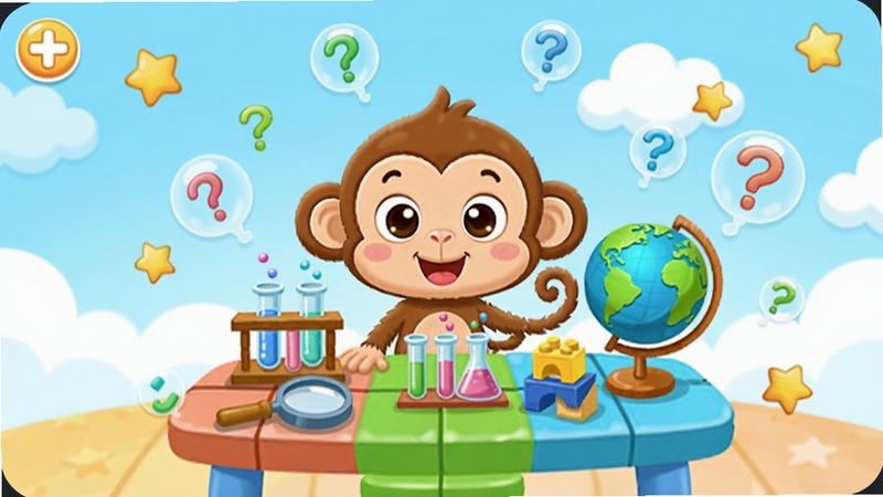 宝宝巴士科学主界面全景图,画面中央是一只可爱的卡通卷尾猴站在彩色科学实验桌前,桌上有放大镜、试管、地球仪和积木,背景区域为明亮柔和的浅蓝色天空与漂浮的云朵,四周点缀星星和问号气泡,整体风格为圆润卡通的儿童插画风,色彩鲜艳但不刺眼,适合作为软件下载页顶部预览图,画面中包含宝宝巴士科学字样