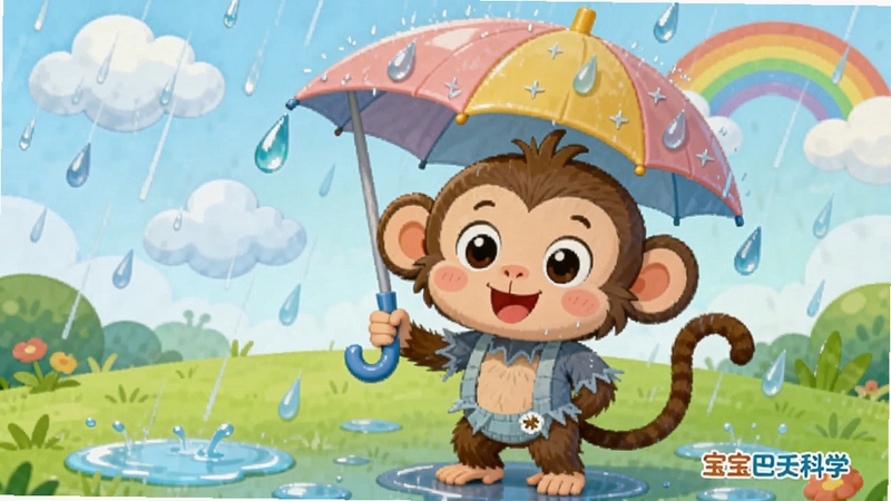 卡通卷尾猴拿着雨伞站在雨中,旁边有云朵和雨滴,地面有小水坑,背景是绿色草地和彩虹,画面风格为儿童绘本插画,色彩明亮柔和,画面中带有宝宝巴士科学字样