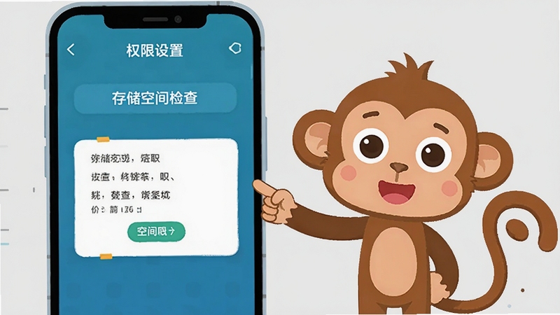 宝宝巴士科学安装设置引导图,画面展示一部手机屏幕,屏幕上显示权限设置和存储空间检查界面,旁边有卡通卷尾猴指着屏幕提示,背景为浅灰色简洁风格,整体为扁平化科技插画