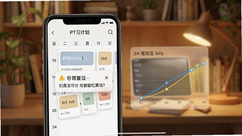 PTE单词智能记忆算法界面截图,画面主体为手机屏幕显示学习计划日历与记忆曲线图表,背景为柔和暖色调书房环境,屏幕内单词卡片与复习提醒弹窗清晰可见,细节丰富,适配Boogu模型生成