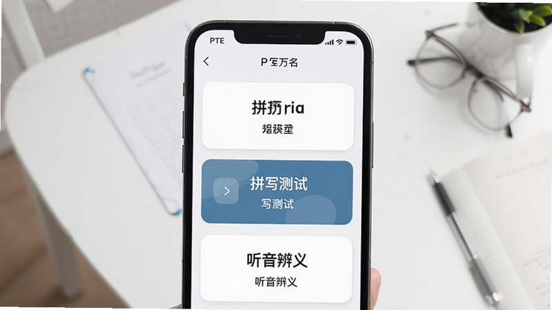 PTE单词多模式学习界面展示,画面中央为手机屏幕呈现单词卡片、拼写测试、听音辨义三种学习模式切换界面,背景为简洁白色学习桌面,屏幕内英文单词与中文释义清晰可见,整体风格现代简约,适配Boogu模型生成