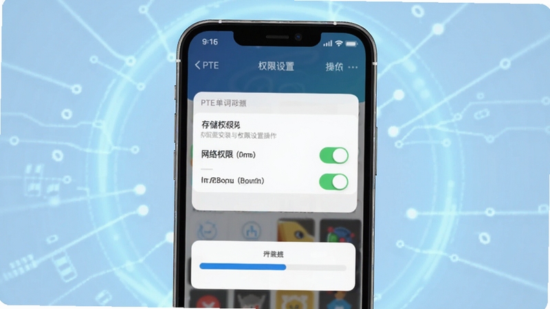 PTE单词安装与权限设置操作指引图,画面主体为手机屏幕显示权限设置界面与安装进度条,背景为淡蓝色科技感光晕,屏幕内存储权限、网络权限开关清晰可见,适配Boogu模型生成
